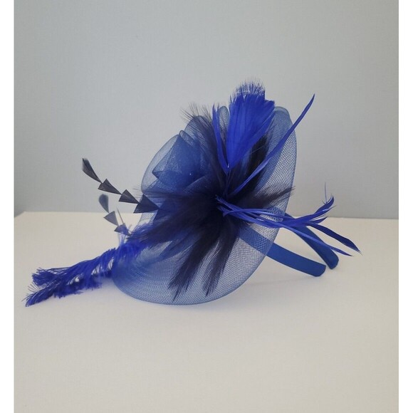 Blue Fascinator Floral Feather Mesh Headband Church Cocktail Wedding Derby Hat - Picture 5 of 10